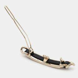  Chanel Gold Plated and Leather Rhinestone Logo Hair Clip 