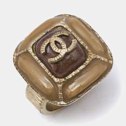 Chanel CC Gold Tone Enamel Cocktail Ring Size 52
