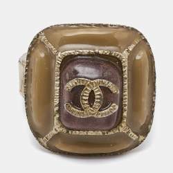 Chanel CC Gold Tone Enamel Cocktail Ring Size 52