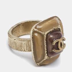 Chanel CC Gold Tone Enamel Cocktail Ring Size 52