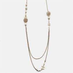 Pre Owned Chanel CC Faux Pearl Gold Tone Long Necklace