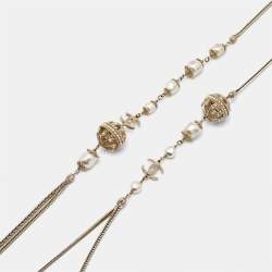 Pre Owned Chanel CC Faux Pearl Gold Tone Long Necklace