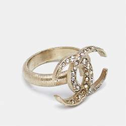 Pre Owned Chanel CC Crystals Gold Tone Ring Size 52