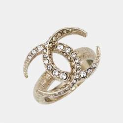 Pre Owned Chanel CC Crystals Gold Tone Ring Size 52