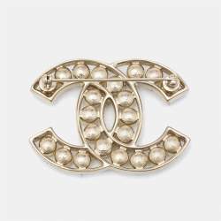 Chanel CC Faux Pearl Gold Tone Brooch