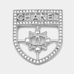 Chanel Crystals Silver Tone Shield Brooch