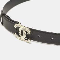 Pre Owned Chanel Black Leather CC Crystals Belt 80CM