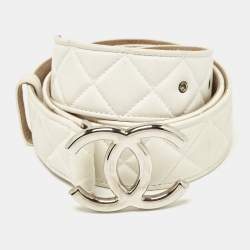 Pre Owned Chanel White Quilted Leather CC Belt 85CM