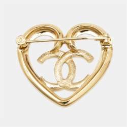 Pre Owned Chanel CC Heart Crystal Gold Tone Brooch