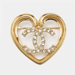 Pre Owned Chanel CC Heart Crystal Gold Tone Brooch