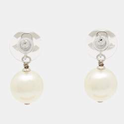 Pre Owned Chanel CC Crystal Embellished Faux Pearl Silver Tone Drop Earrings
