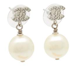 Pre Owned Chanel CC Crystal Embellished Faux Pearl Silver Tone Drop Earrings