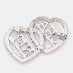 Pre Owned Chanel Double Heart Crystals Silver Tone Brooch