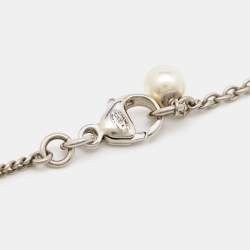 Pre Owned Chanel CC Crystals Faux Pearl Silver Tone Necklace