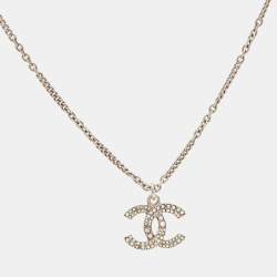 Pre Owned Chanel CC Crystals Faux Pearl Silver Tone Necklace