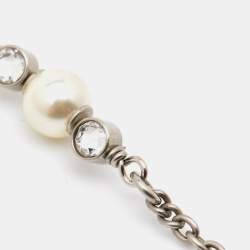 Pre Owned Chanel CC Crystals Faux Pearl Silver Tone Necklace