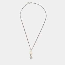 Pre Owned Chanel CC Crystals Faux Pearl Silver Tone Necklace