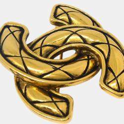 Pre Owned Chanel Gold Plated Quilted CC Brooch Pin 
