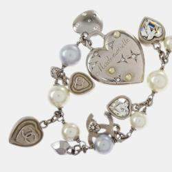 Chanel Artificial Pearl Rhinestone Silver Chain Necklace