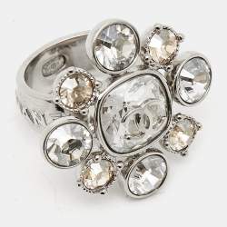 Pre Owned Chanel CC Crystals Silver Tone Ring Size 54
