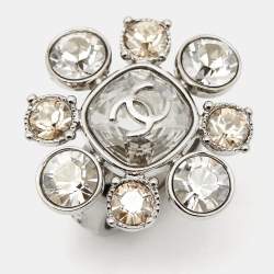 Pre Owned Chanel CC Crystals Silver Tone Ring Size 54