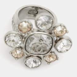 Pre Owned Chanel CC Crystals Silver Tone Ring Size 54