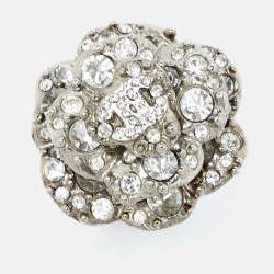 Chanel Camelia Crystals Silver Tone Ring Size 50