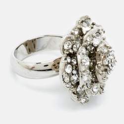 Chanel Camelia Crystals Silver Tone Ring Size 50