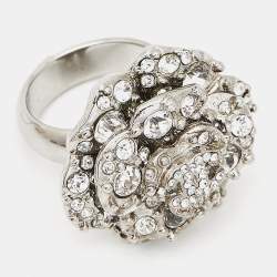 Pre Owned Chanel Camelia Crystals Silver Tone Ring Size 50