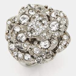Pre Owned Chanel Camelia Crystals Silver Tone Ring Size 50