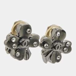 Chanel  CC Clover Leaf Crystals Gunmetal Tone Clip On Earrings