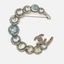 Pre Owned Chanel CC Resin Crystal Moon Silver Tone Brooch