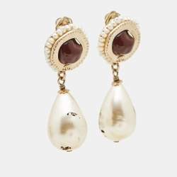 Pre Owned Chanel CC Resin Faux Pearl Gold Tone Dangle Earrings
