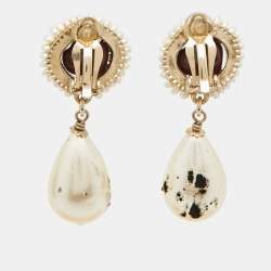 Pre Owned Chanel CC Resin Faux Pearl Gold Tone Dangle Earrings