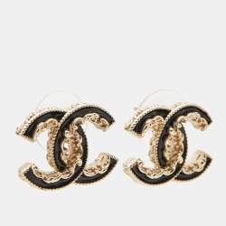 Pre Owned Chanel CC Enamel Gold Tone Earrings