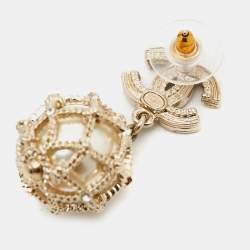 Pre Owned Chanel Caged Faux Pearl Crystals Gold Tone Drop Earrings