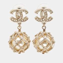 Pre Owned Chanel Caged Faux Pearl Crystals Gold Tone Drop Earrings