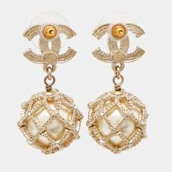 Pre Owned Chanel Caged Faux Pearl Crystals Gold Tone Drop Earrings