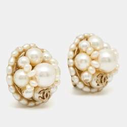 Pre Owned Chanel CC Faux Pearl Gold Tone Earrings