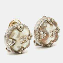 Pre Owned Chanel CC Resin Faux Pearl Silver Tone Earrings