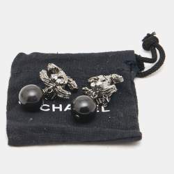 Pre Owned Chanel CC Beads Crystals Gunmetal Tone Earrings