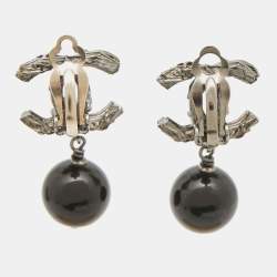 Pre Owned Chanel CC Beads Crystals Gunmetal Tone Earrings