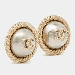 Pre Owned Chanel CC Dome Two Tone  Clip-On Earrings