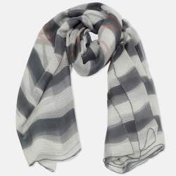 Chanel Grey Stripe Print Silk Scarf 