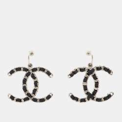 Chanel Black Satin Silver Tone CC Chain Logo Dangle Earrings