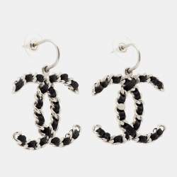 Chanel Black Satin Silver Tone CC Chain Logo Dangle Earrings