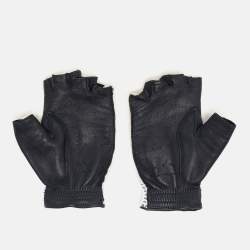 Chanel Navy Blue/White Leather and Crochet Fingerless Gloves