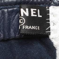 Chanel Navy Blue/White Leather and Crochet Fingerless Gloves