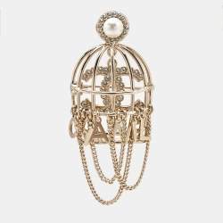 Chanel Cage CC Crystal Faux Pearl Gold Tone Brooch