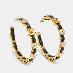 Pre Owned Chanel  CC Leather Crystals Gold Tone Hoop Earrings